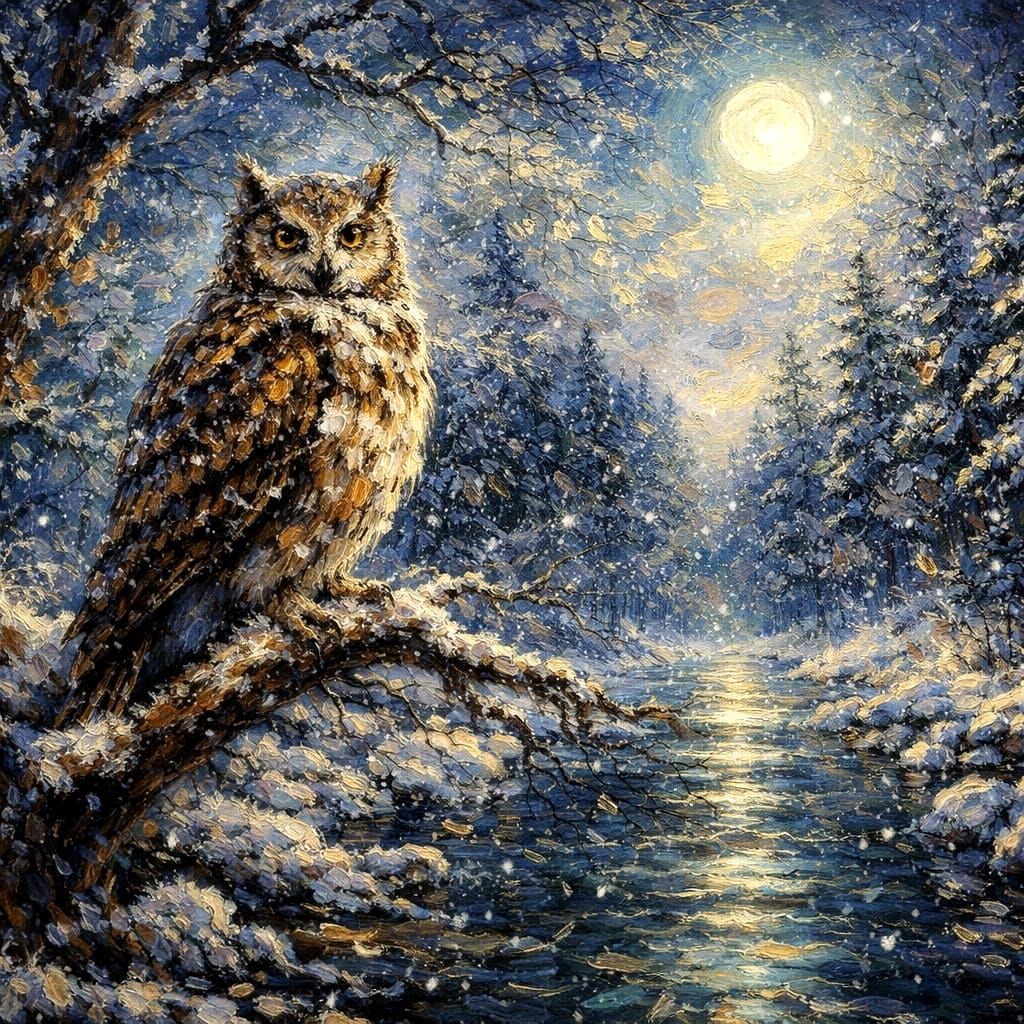 Majestic Owl in Moonlit Winter Forest Impressionist Painting
