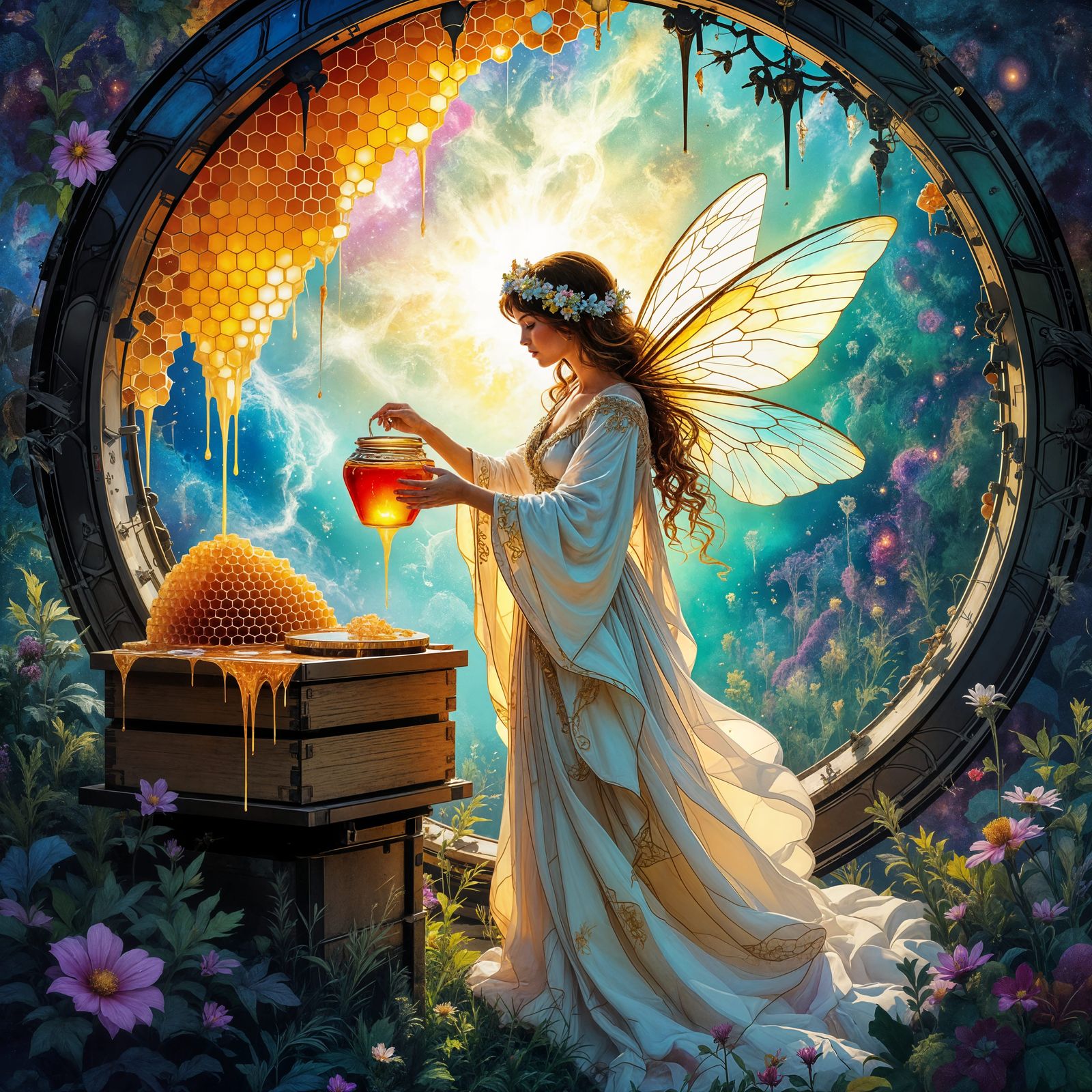 Celestial Beekeeper in Nebula Apiary: Digital Matte Painting