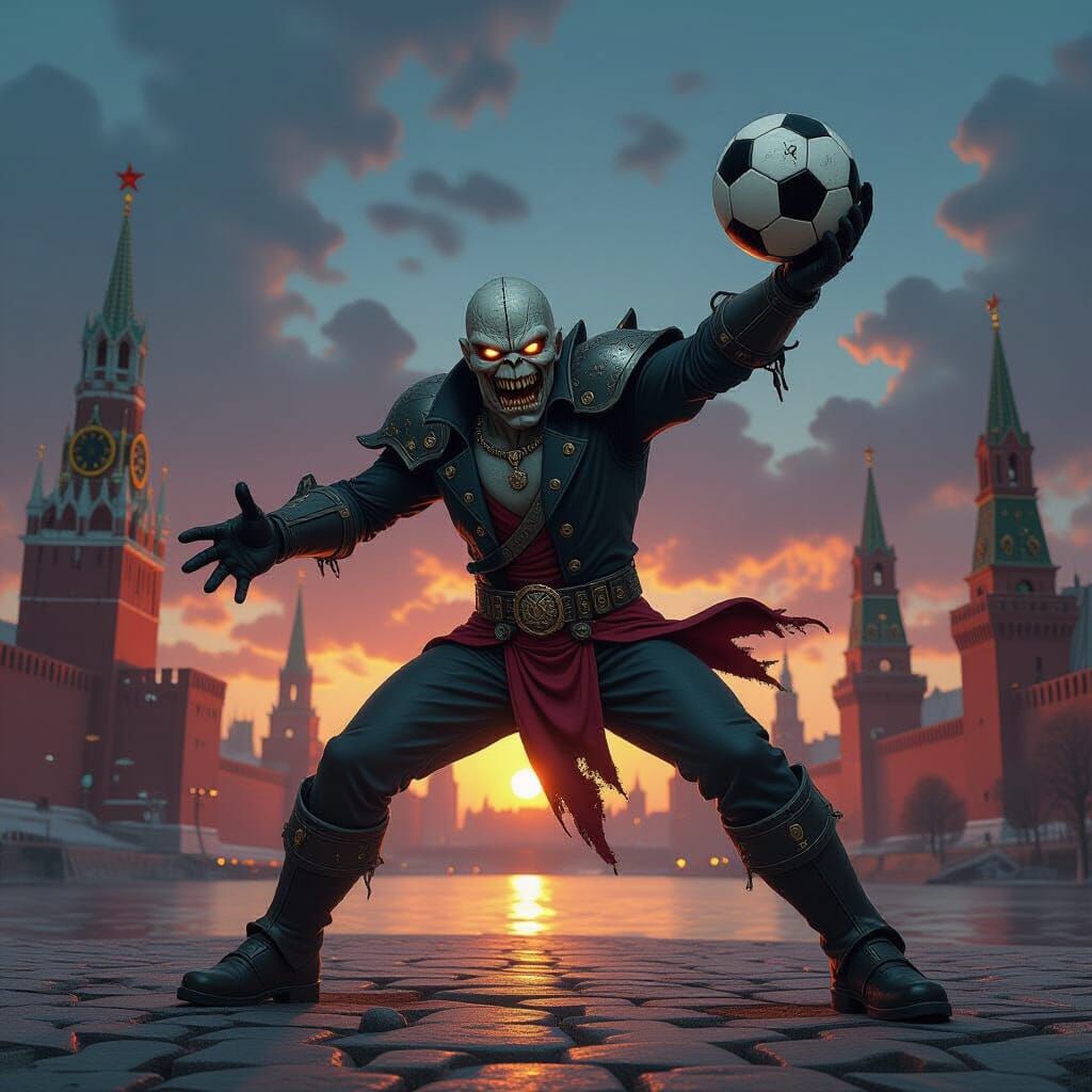 Eddie Dunking Globe in Ruined Warsaw, Dark Fantasy Art