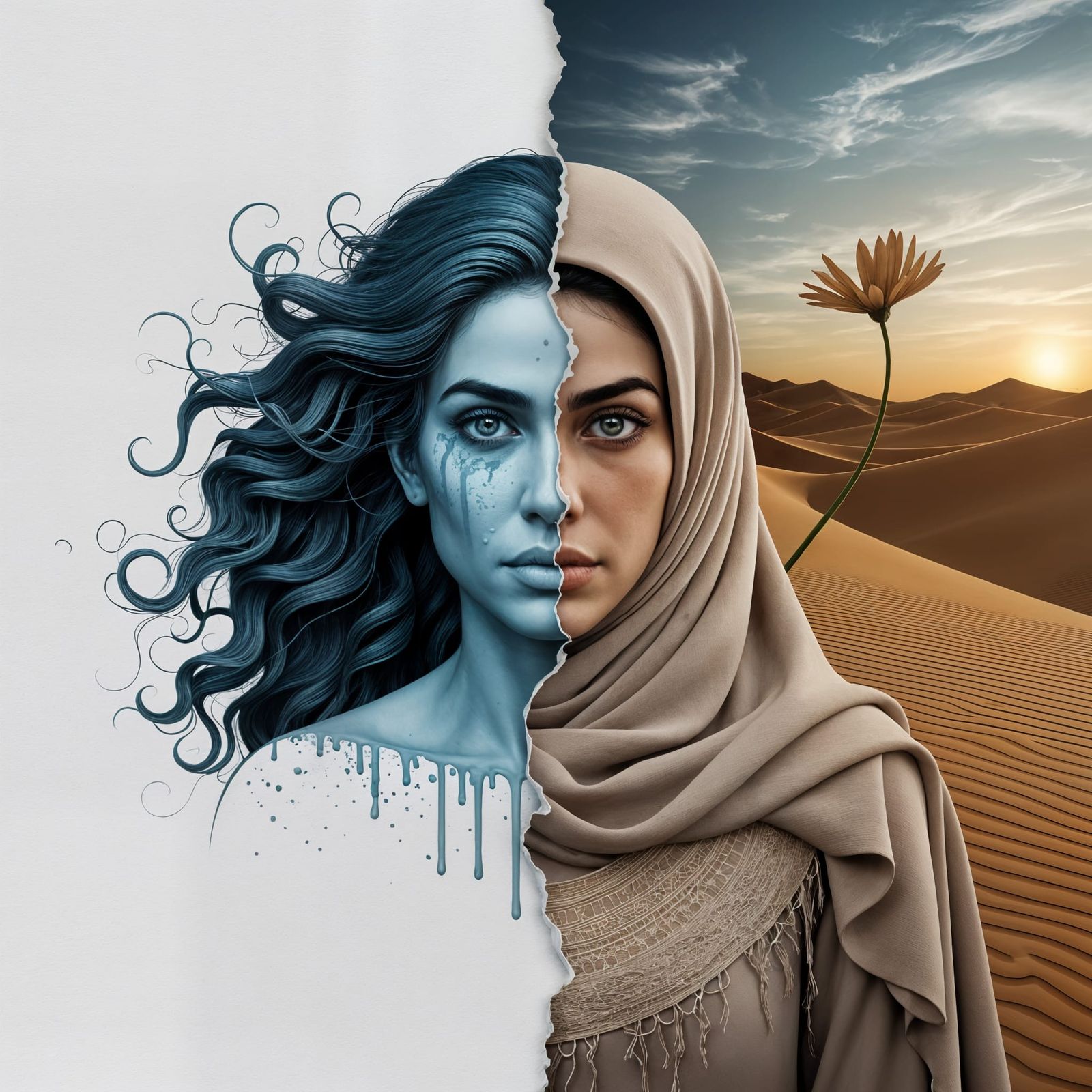 Minimalist Abstract Portrait: Ocean Meets Desert