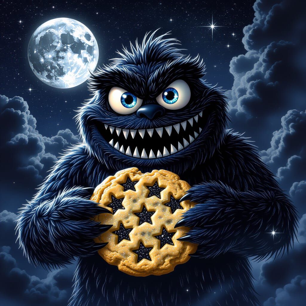 Menacing Cookie Monster in Cosmic Horror Style