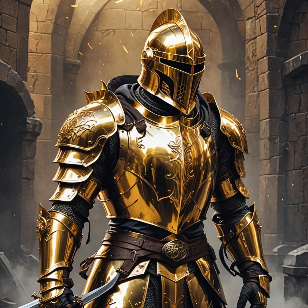 Golden Knight with Ornate Helmet and Detailed Background