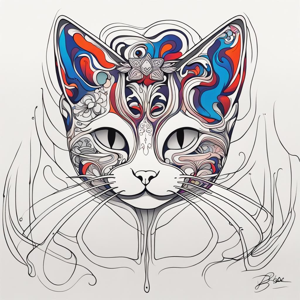 Minimalist Cat Line Art Signature on White Canvas