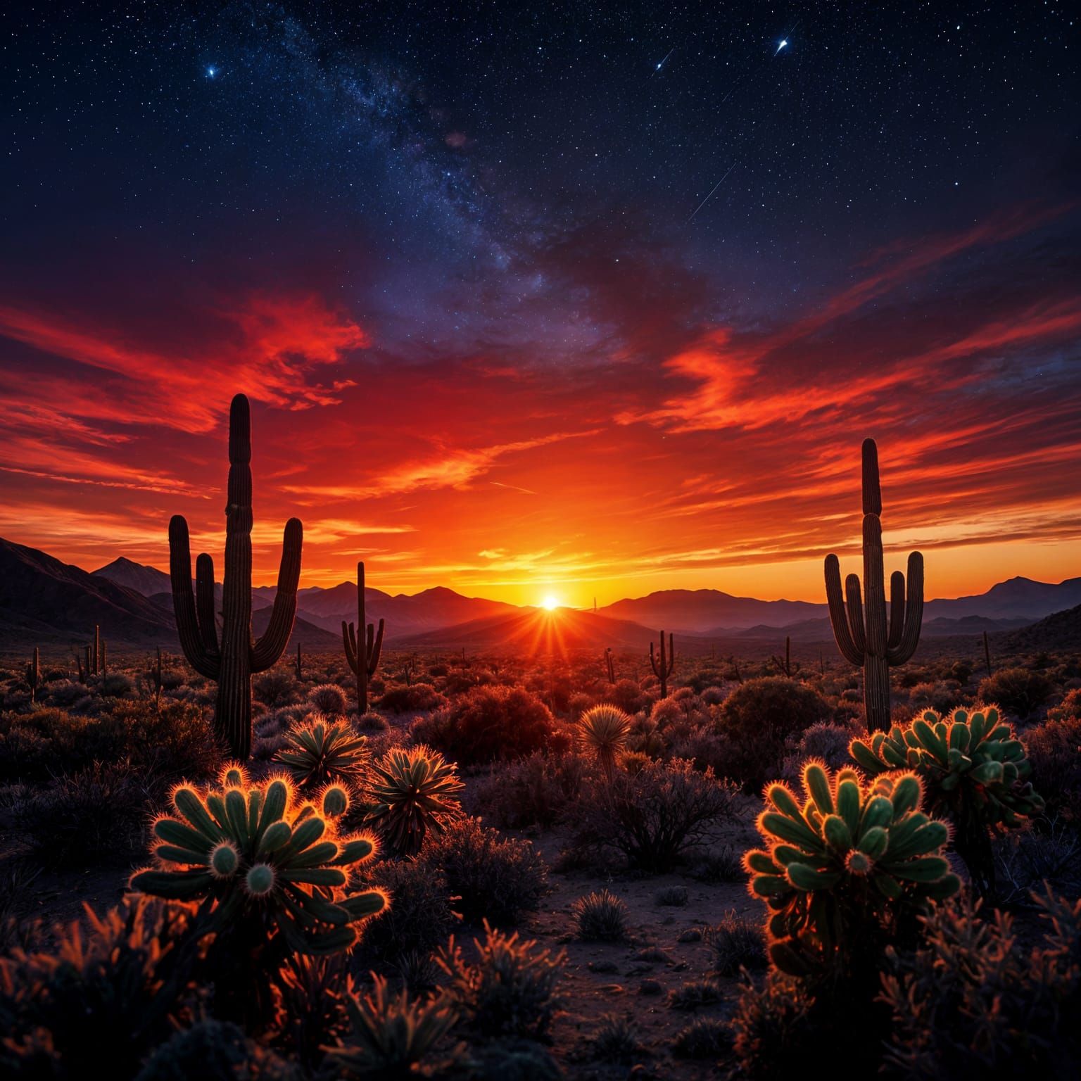 Stunning Red Desert Sunset with Stars and Cacti