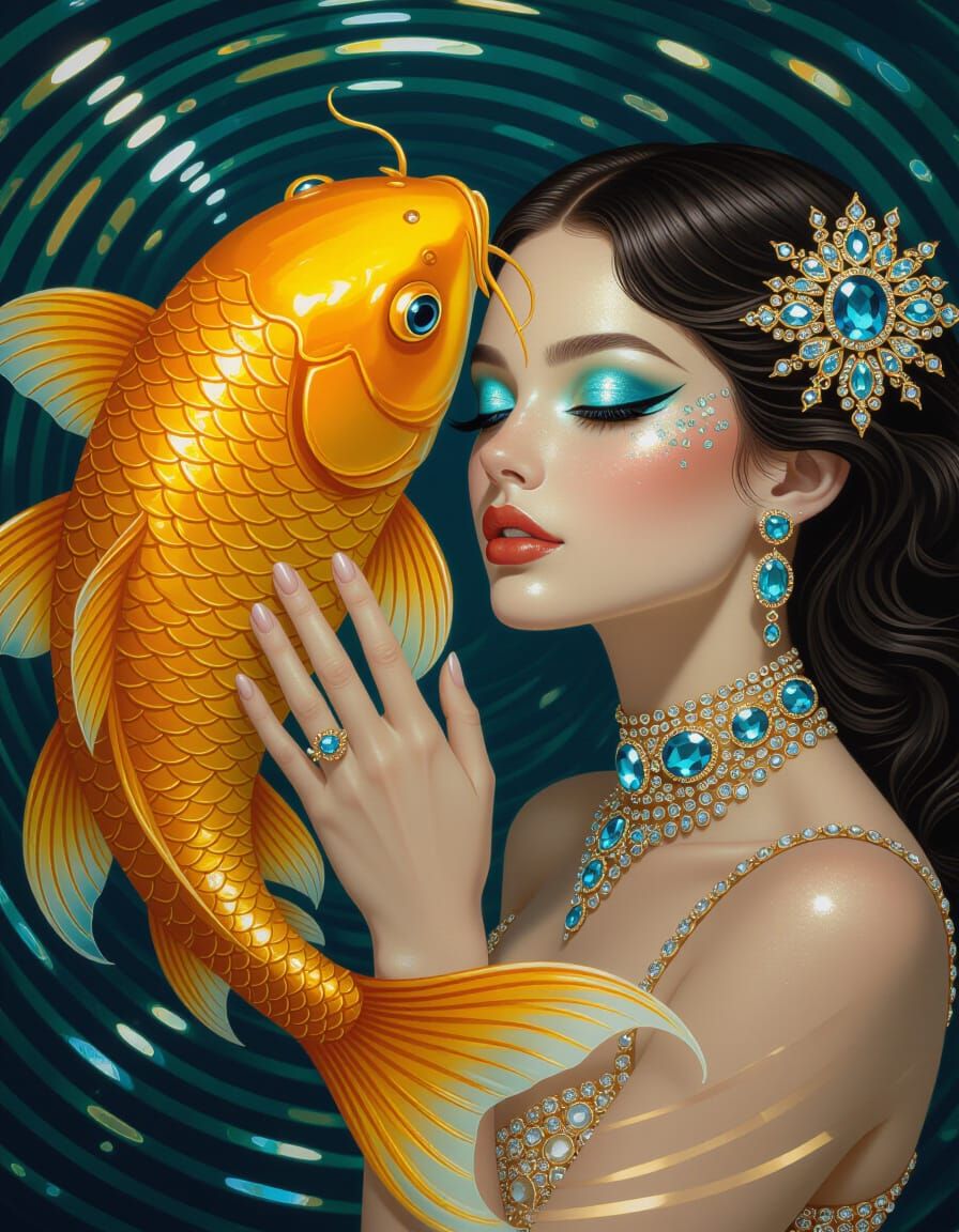 Baroque Surrealism: Golden Koi and Translucent Woman