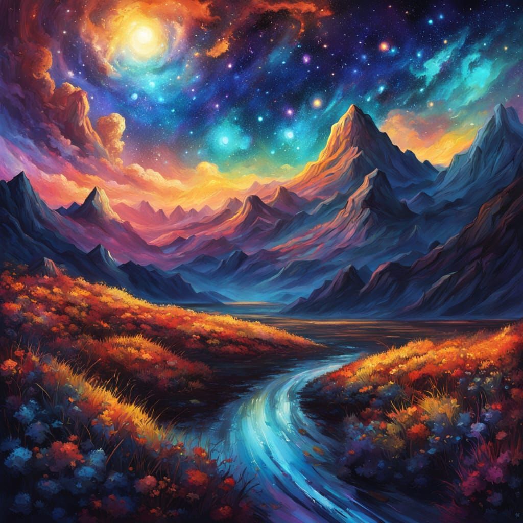 Vivid Starry Night Sky with Mountains in Oil Painting Style