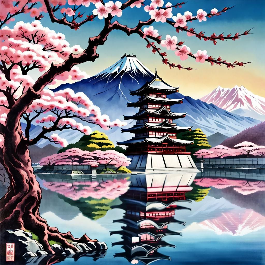 A heavy metal album cover with A beautiful ancient sakura tr...