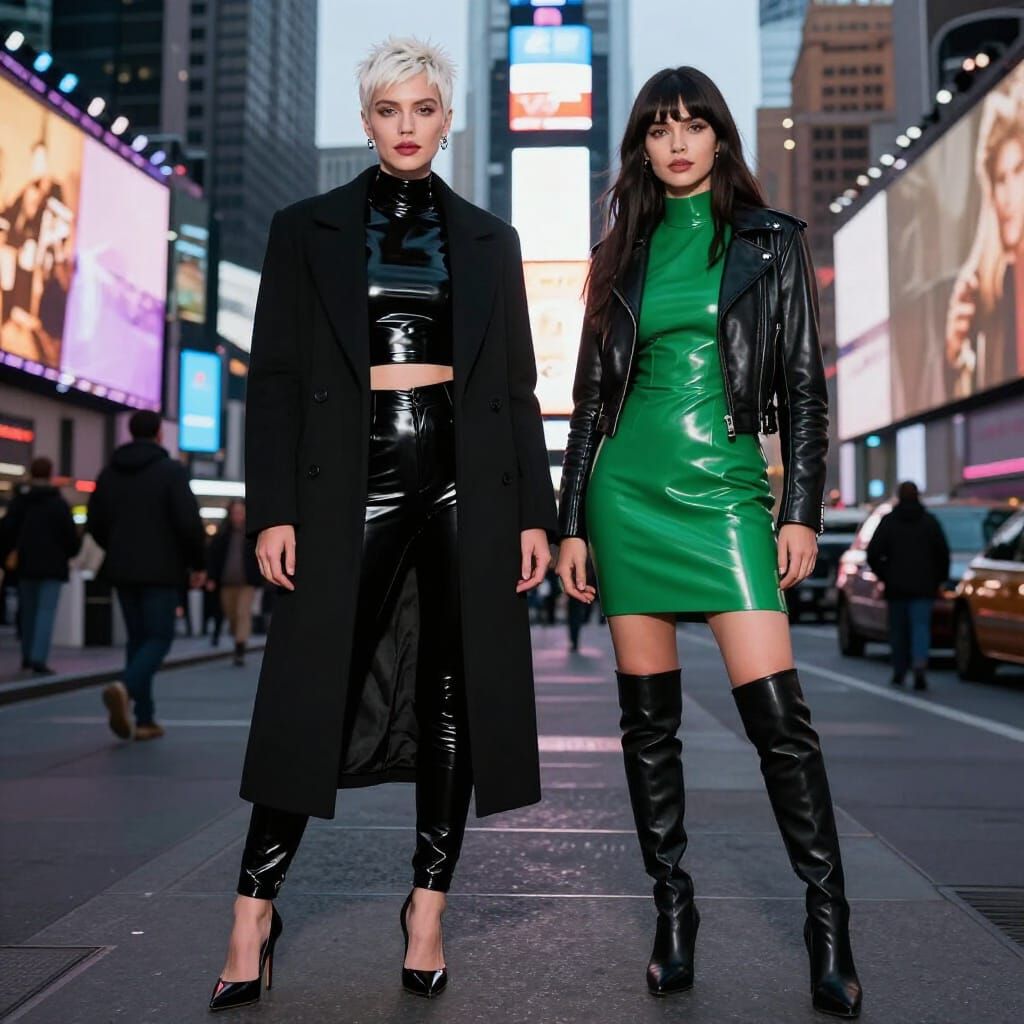 Two Women in Times Square at Night, Hyperrealistic Style