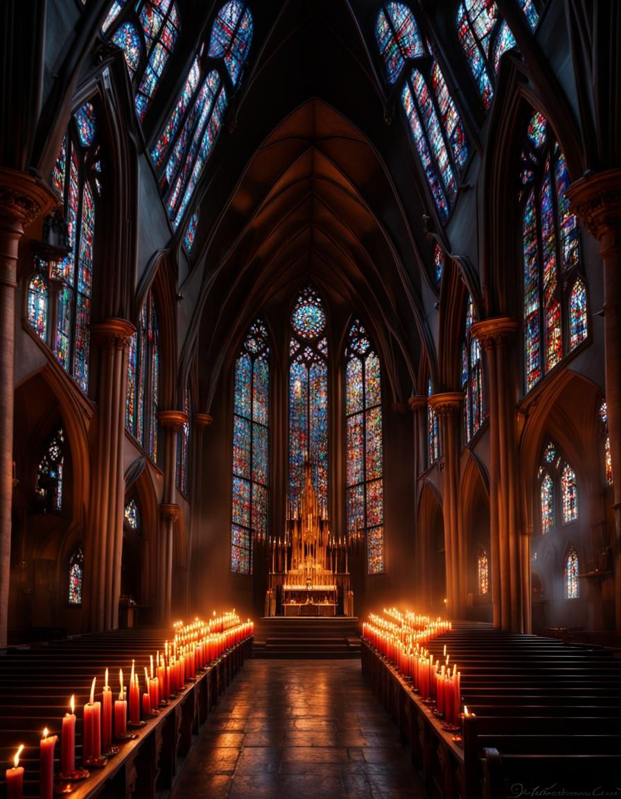 Eerie Candlelight Illuminates Gothic Church Interior
