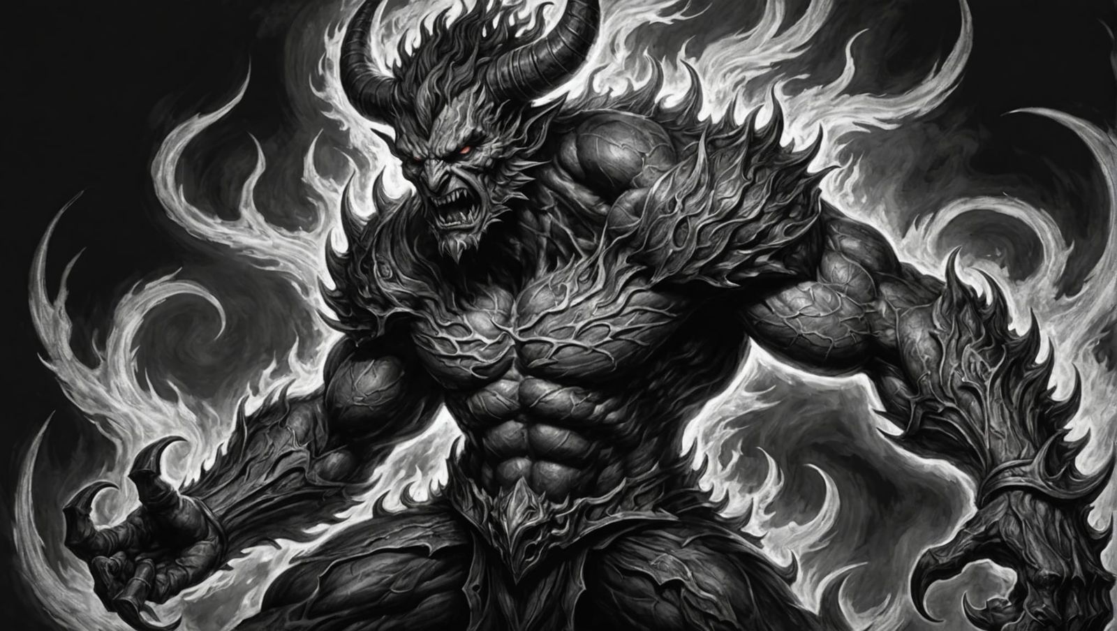 Detailed Black-and-White Sketch of Fiery Ifrit