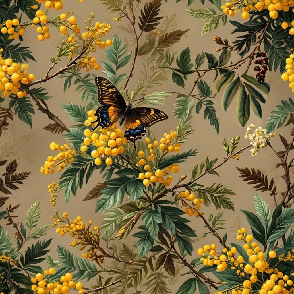 Brown Butterfly and Mimosa Branch Watercolor Art