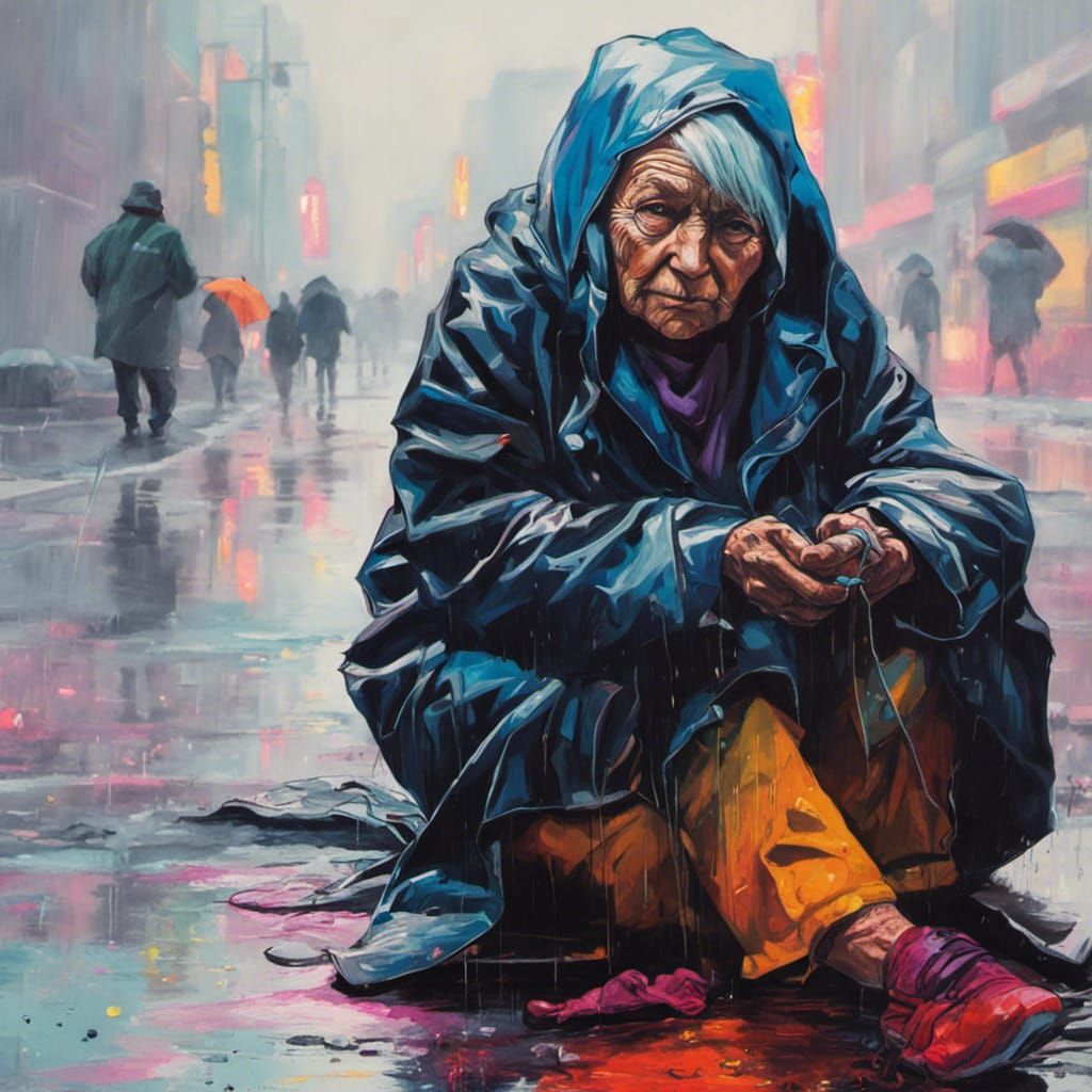 Cyberpunk Homeless Woman in Rainy Cityscape