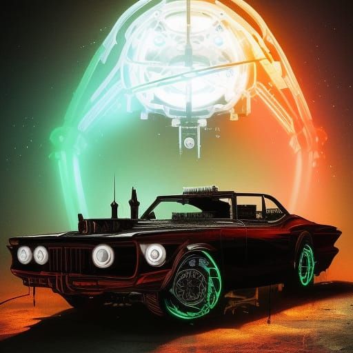 Steampunk Muscle Car in Dark Horror Ink Art