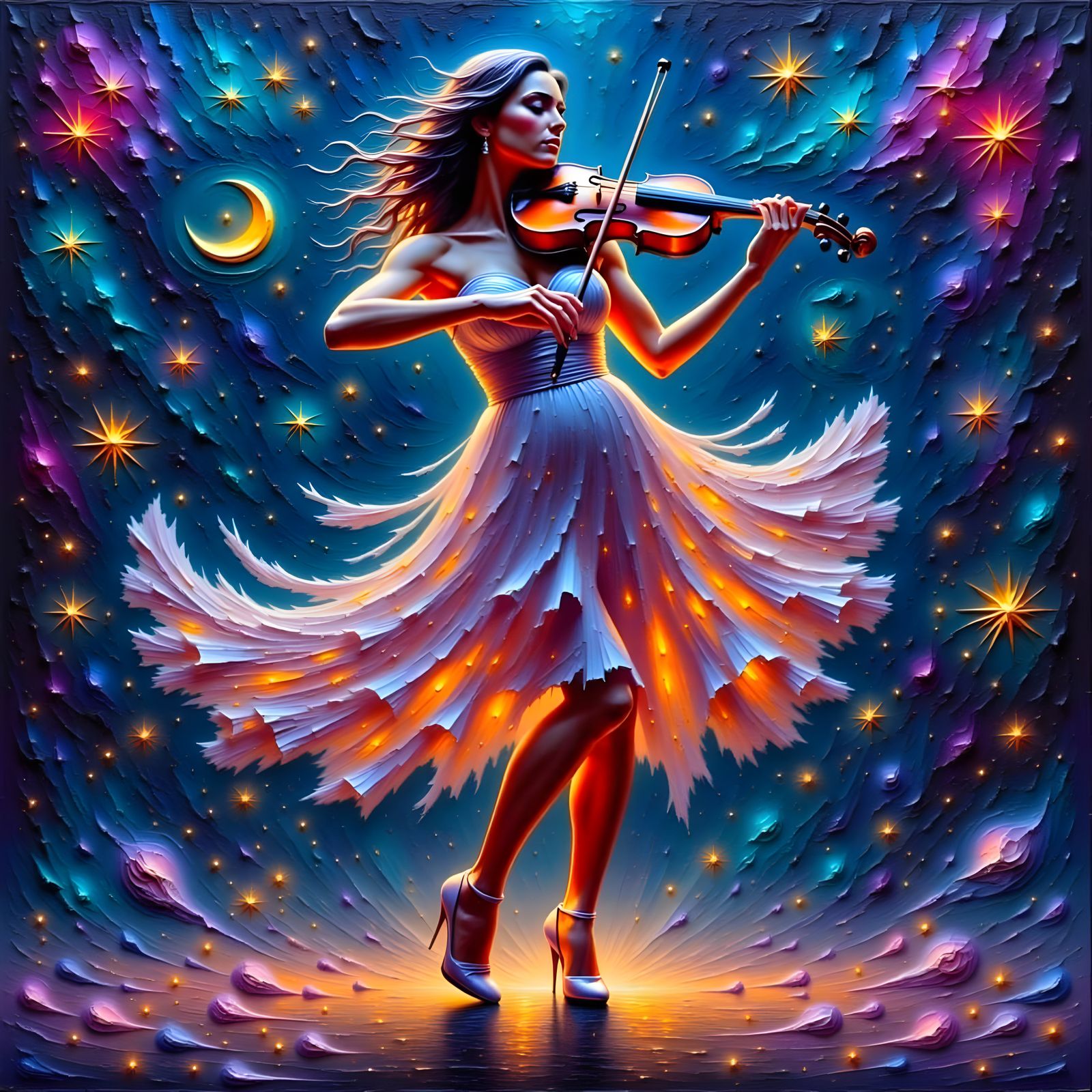 Violinist in Ecstasy with Flowing Starlight