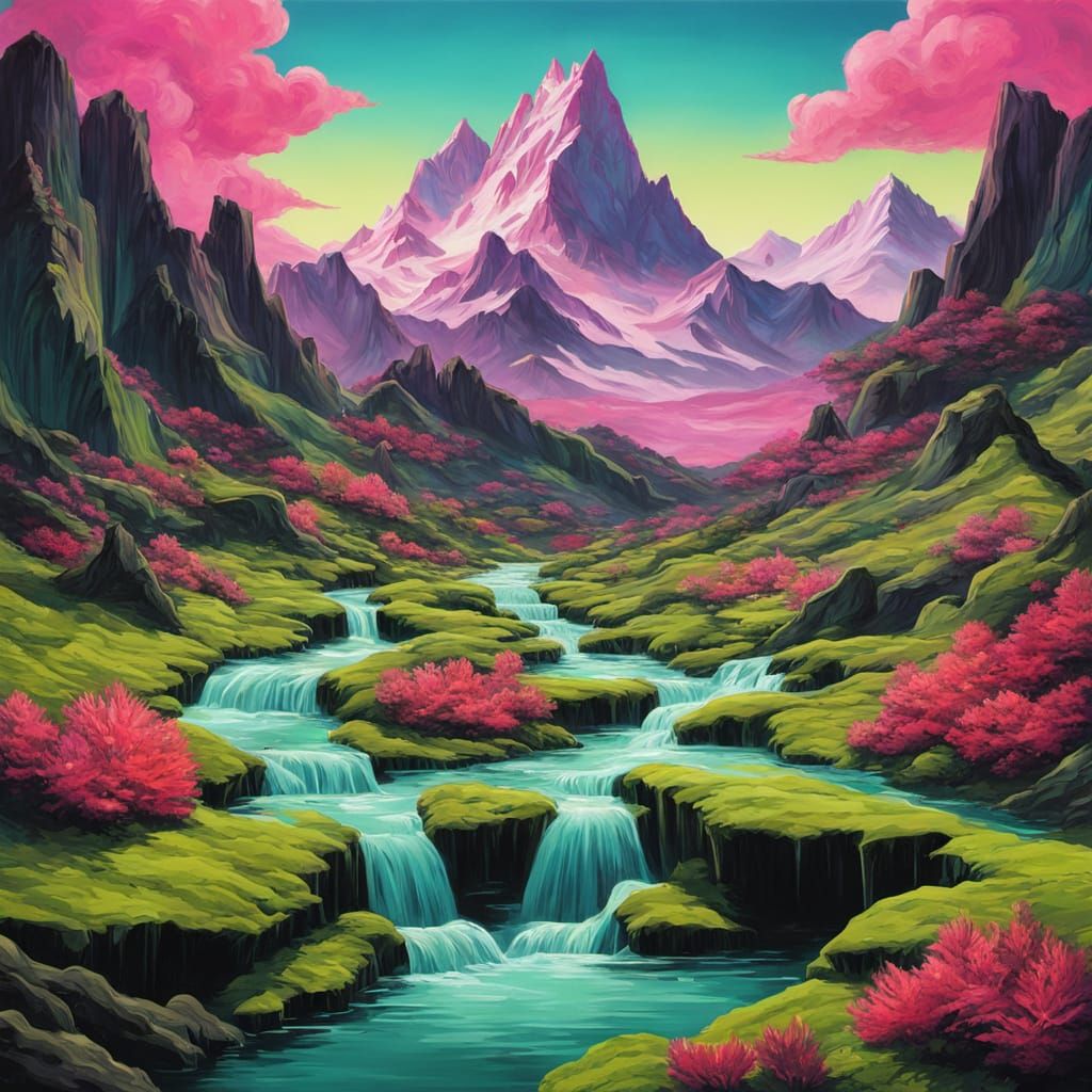 Surreal Mountain Jasper Floral Painting in Retrofuturism Sty...