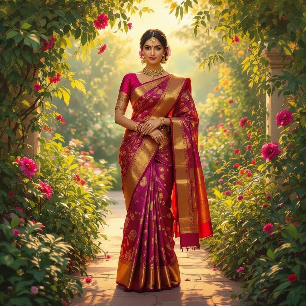 Indian Sundari in Vibrant Saree in Sunlit Garden