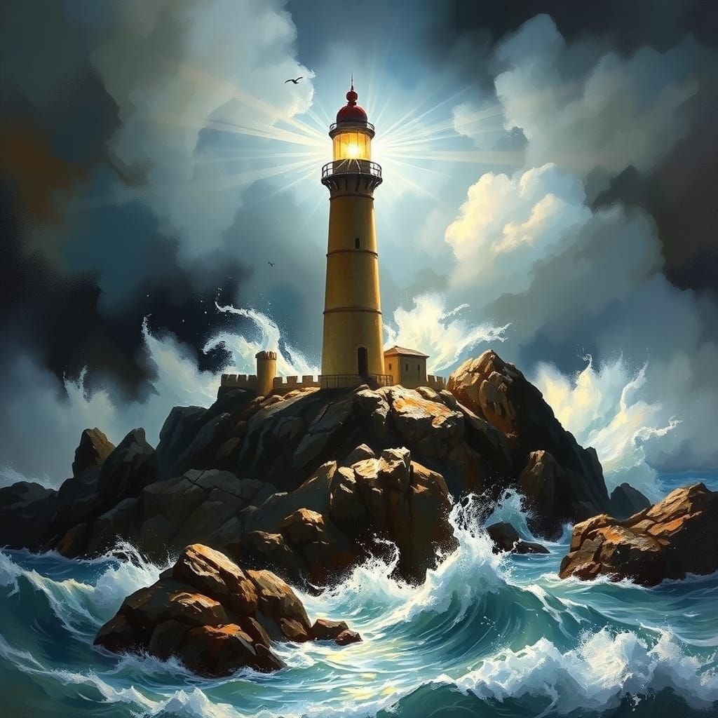 Lighthouse Standing Tall in Stormy Seas, in Dramatic Impress...