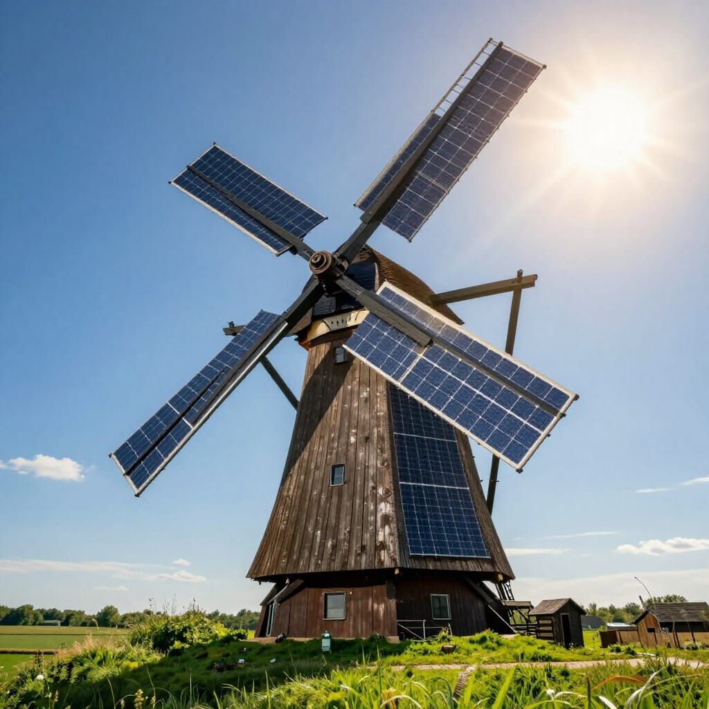 Solar Panel Dutch Windmill in Field at Golden Hour
