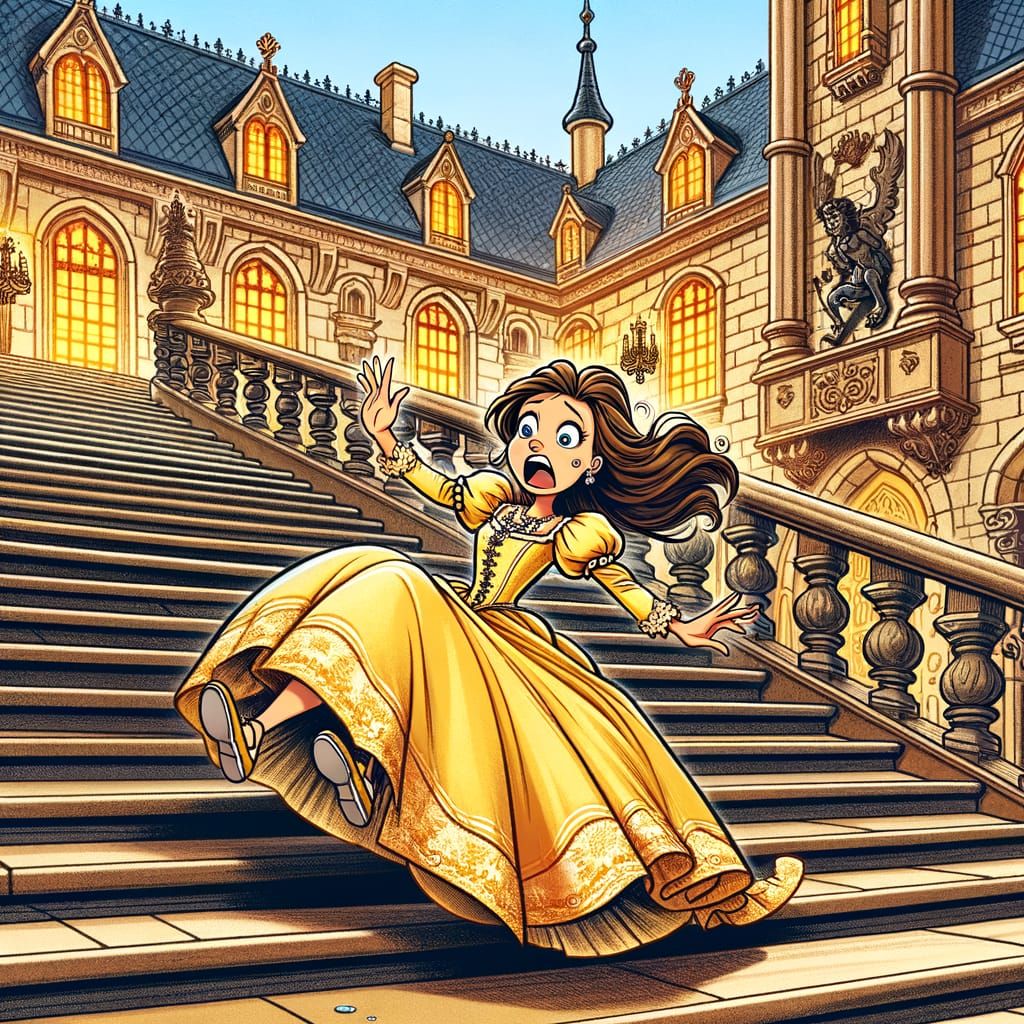 Cartoon Princess Falls Down Castle Stairs