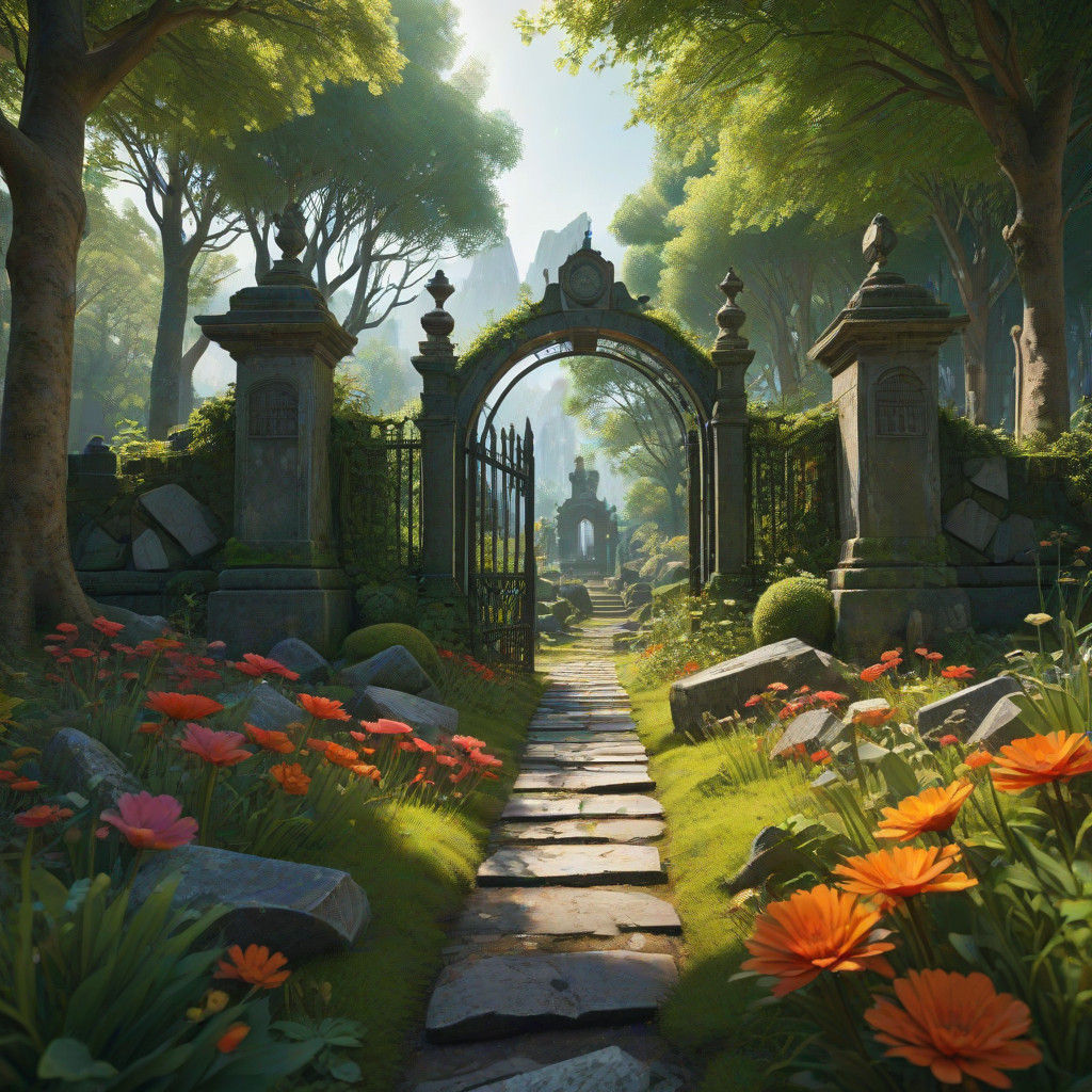 Vibrant Cubist Graveyard Scene in Lush Forest Landscape