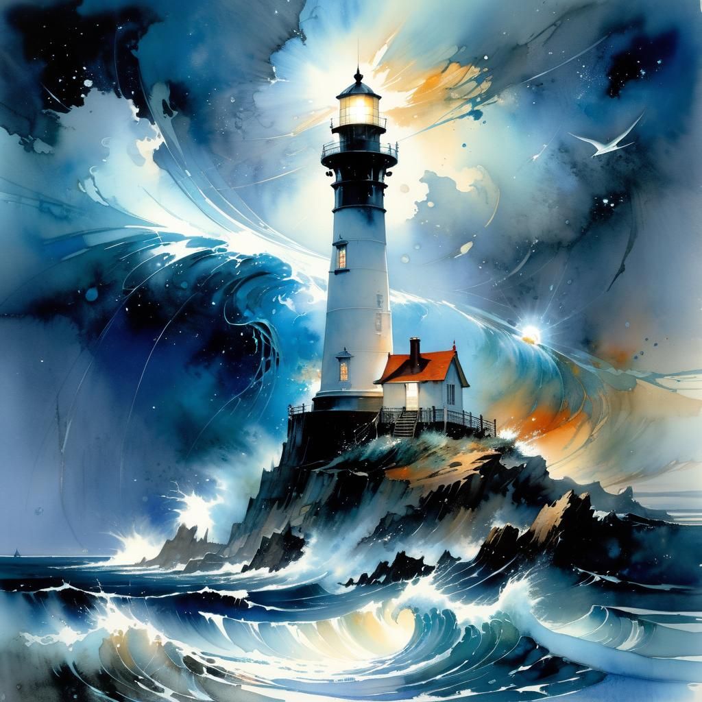 Ocean Storm Through Lighthouse Window, Watercolor Style