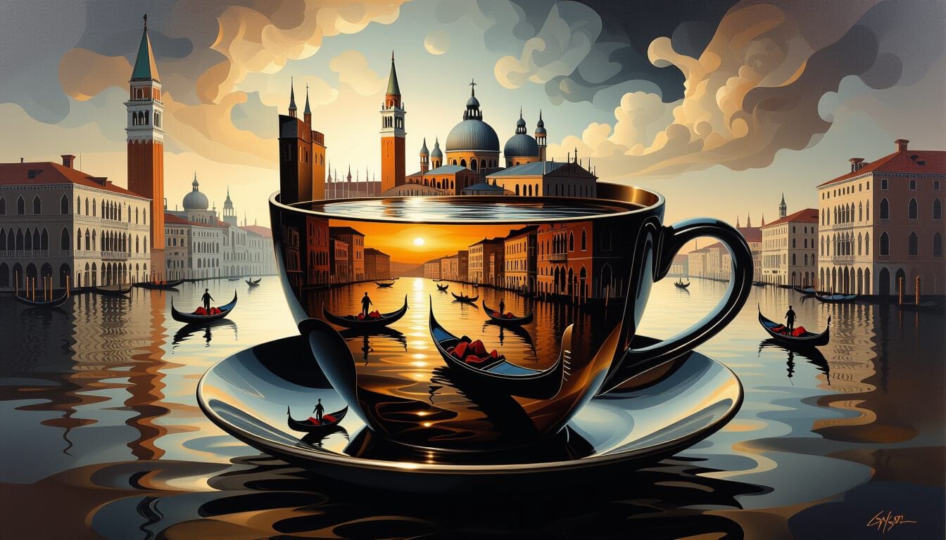 Surreal Venice Coffee Cup Abstraction in Dark Oil Paint