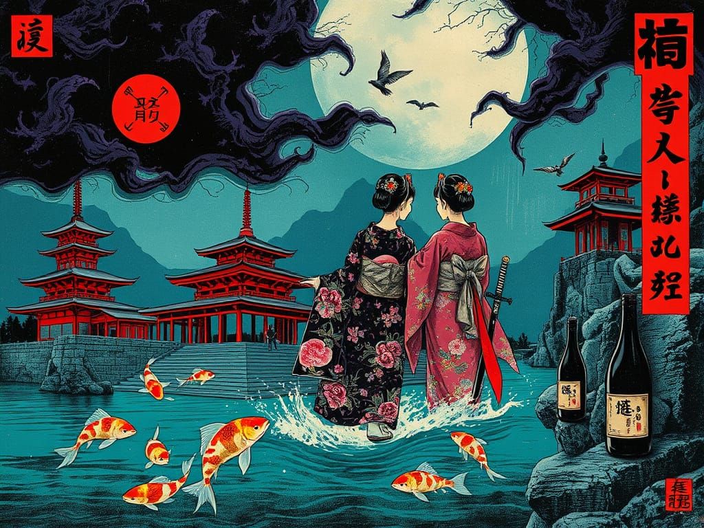 Surreal Japanese Poster With Kimono Women and Koi