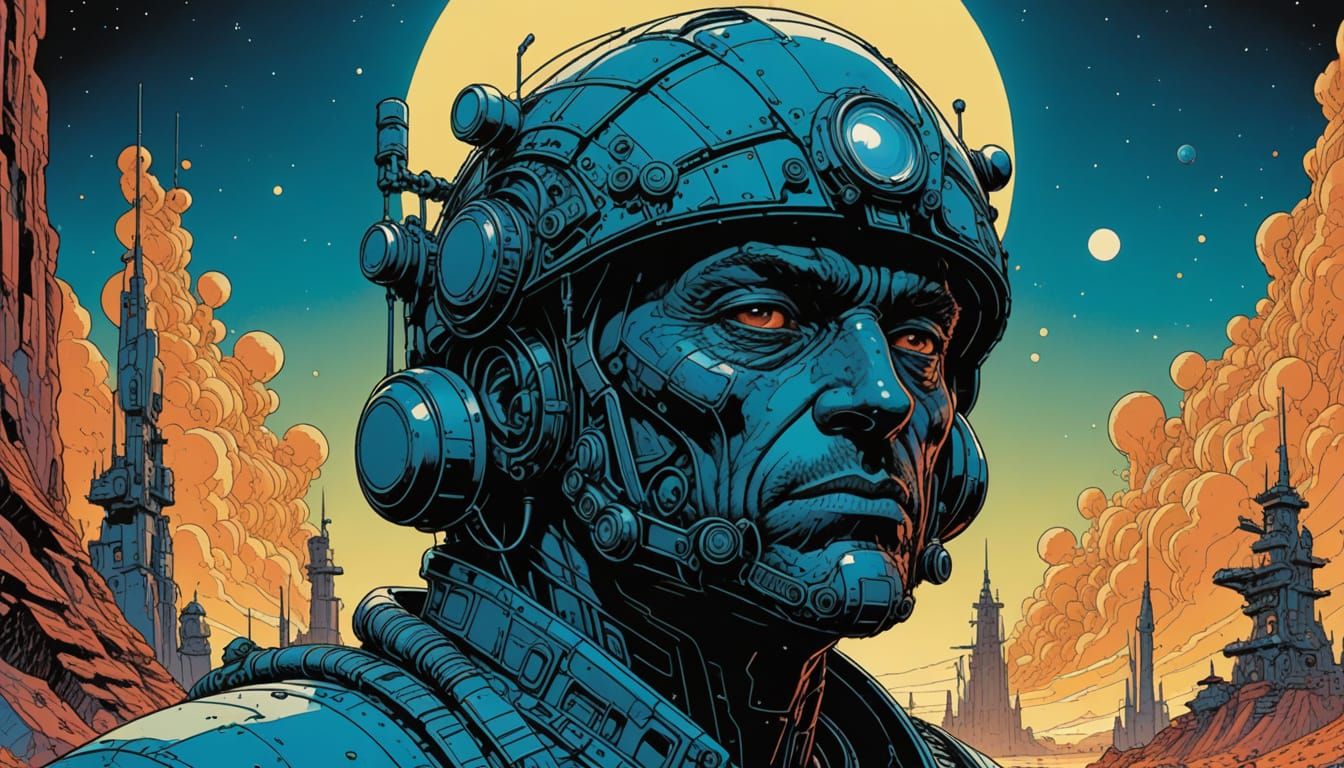 Moebius-Inspired Planetary Warriors in Dark, Vivid Hues