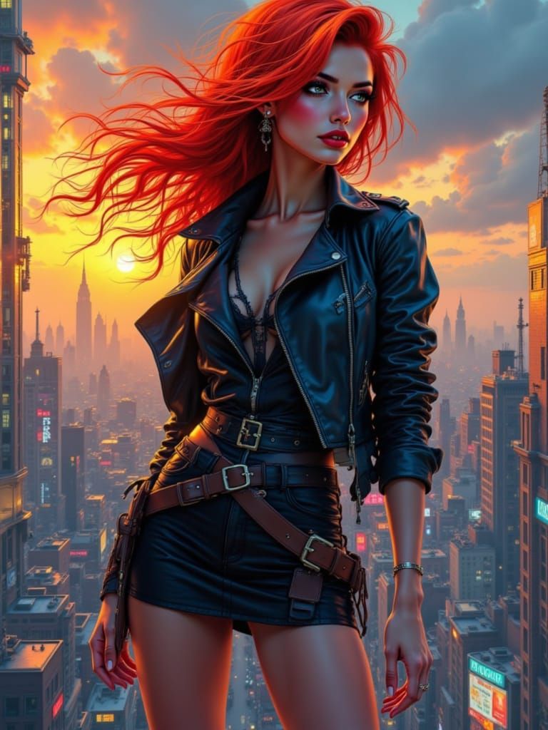 Fiery Anime Heroine Over Neon Cityscape
