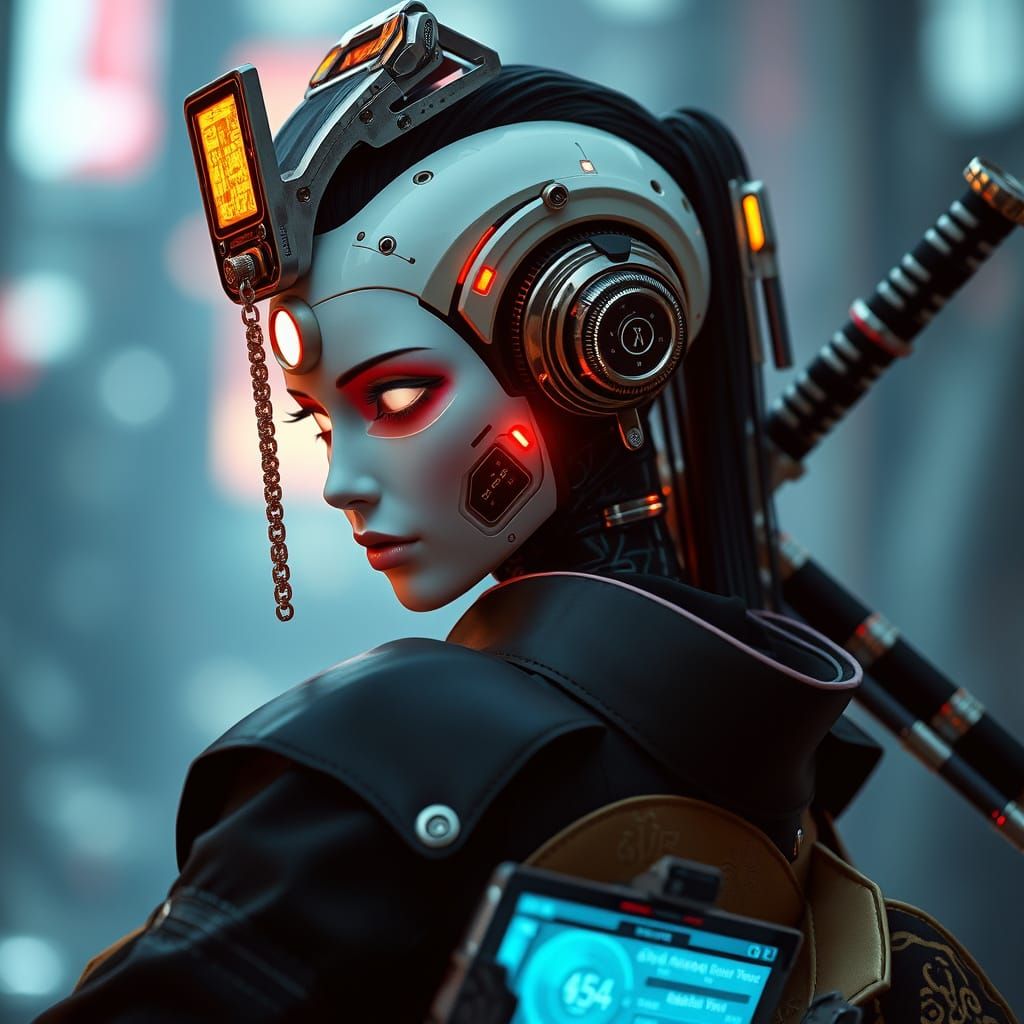 Cyberpunk Android Geisha Warrior with Katana
