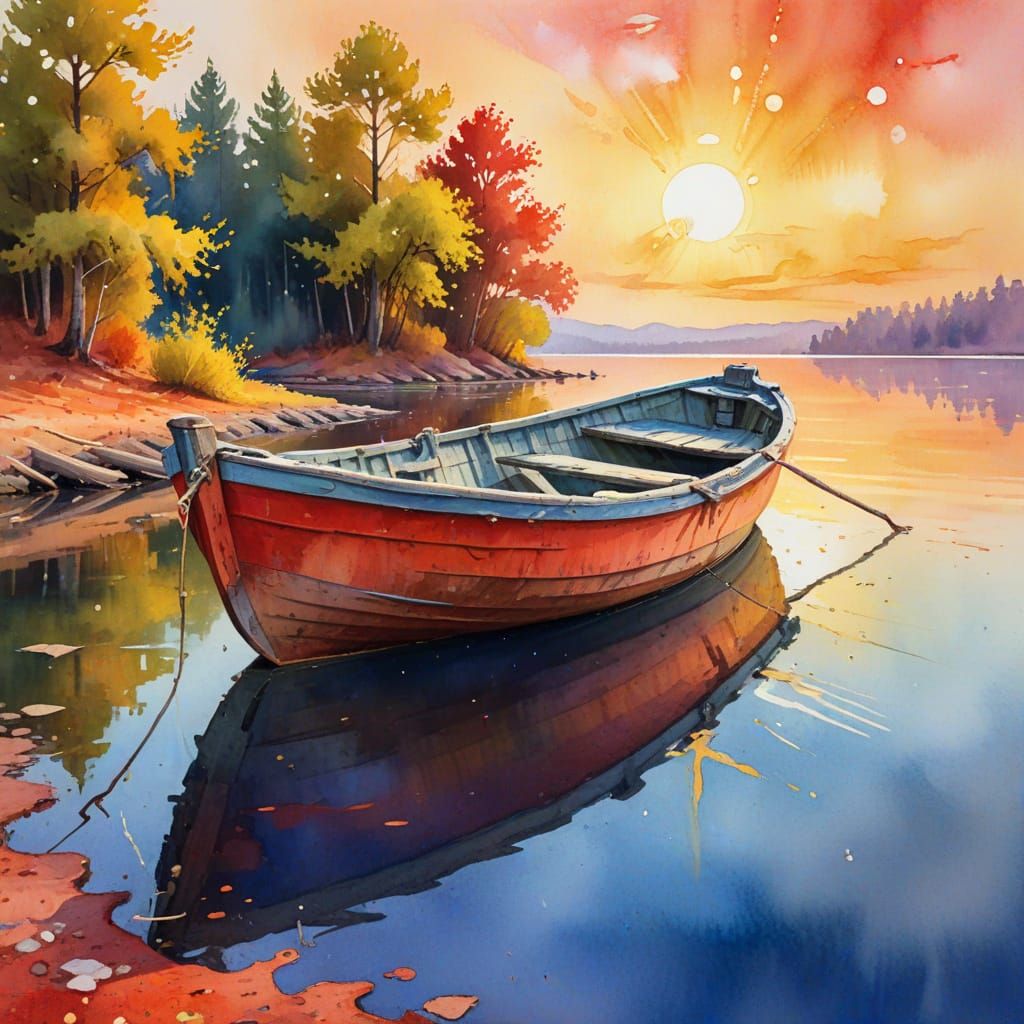 Old Boat on Red Lake in Watercolor Style