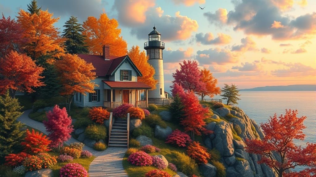 Autumn Lighthouse Scene in Realistic Style