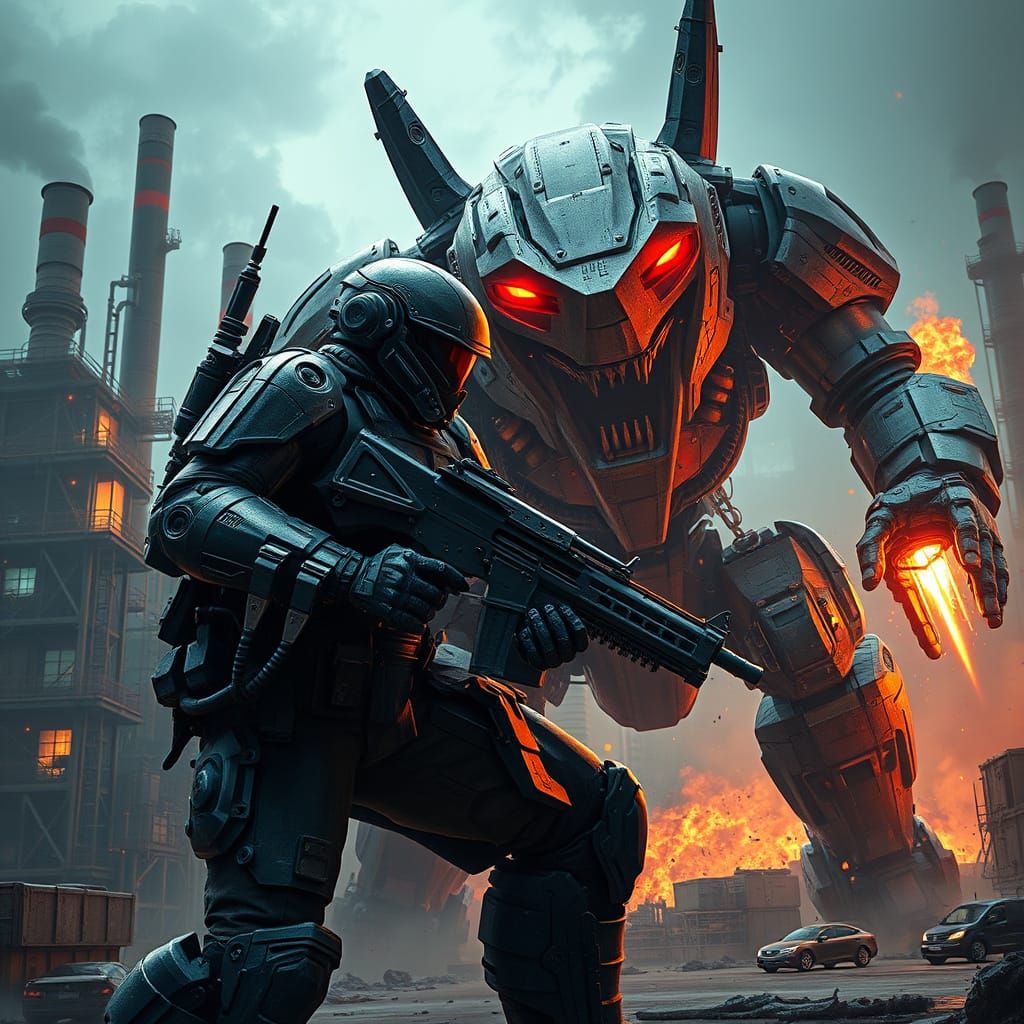 Armored Warrior Confronts Robotic Boss in Dystopian Factory