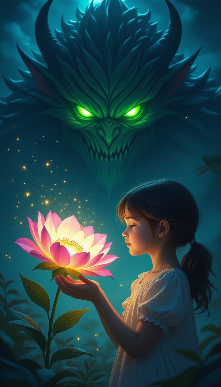 Girl Holds Glowing Flower With Monster Lurking Behind