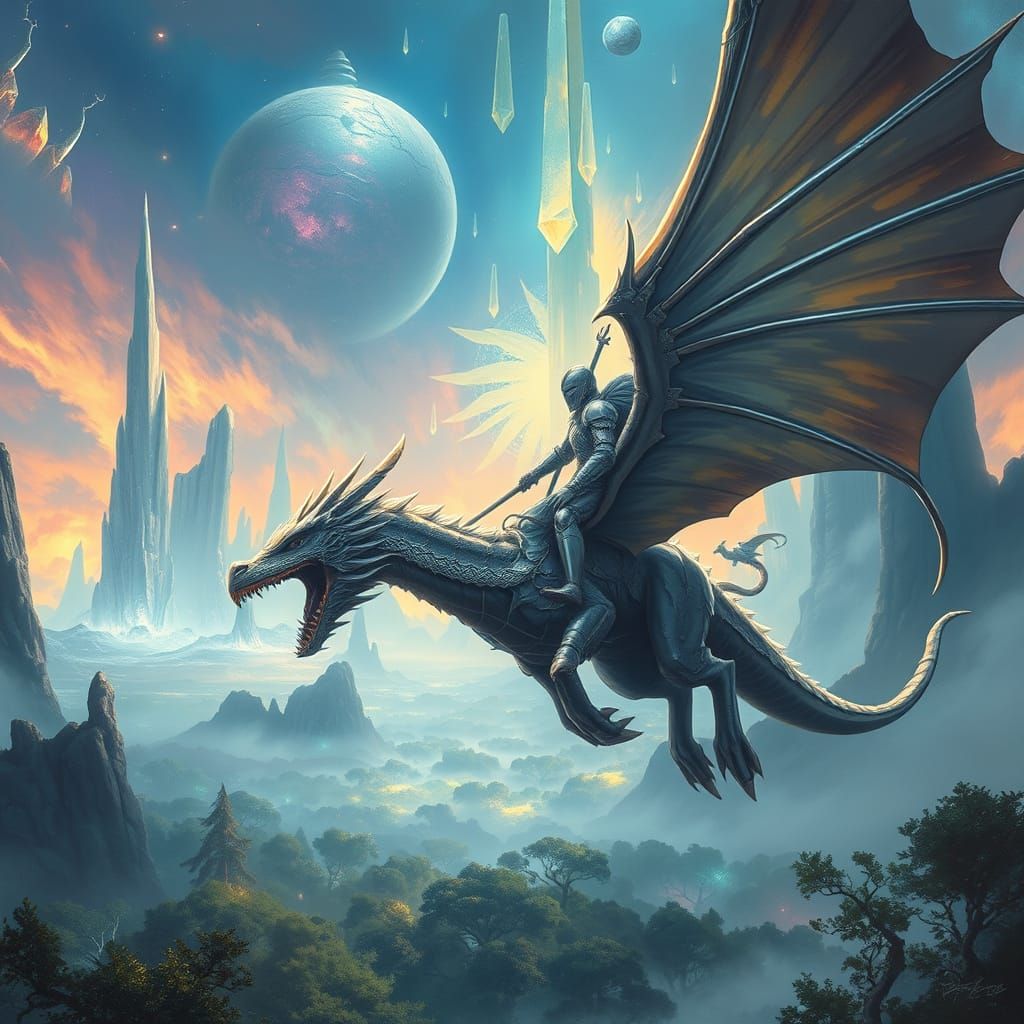 Knight on Dragon Soaring Over Alien World