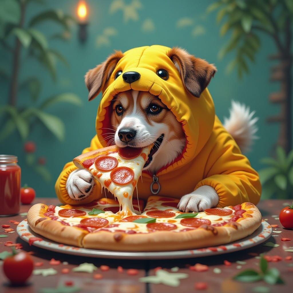 Dog in Pizza Costume Devouring Pizza Slice