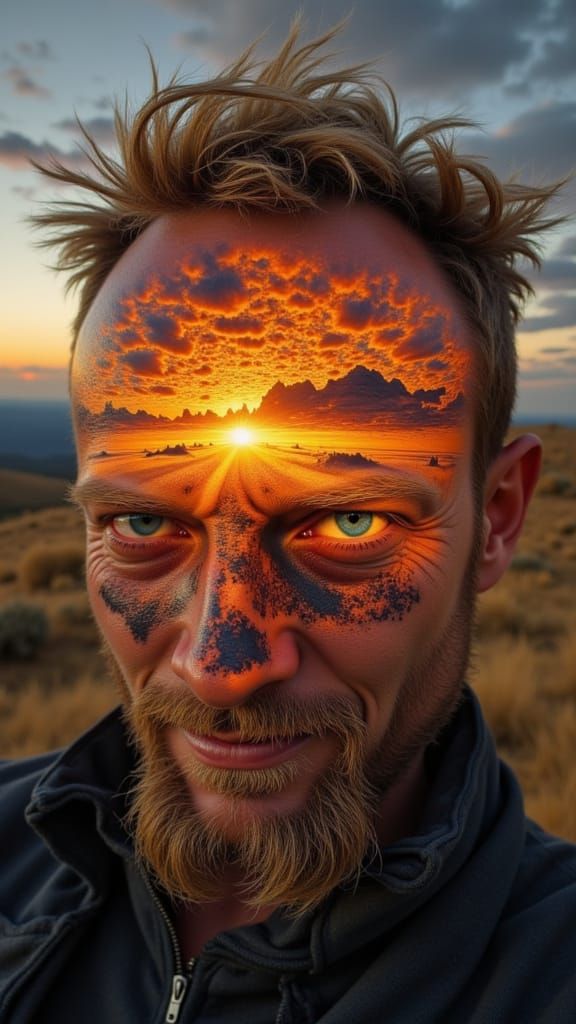 Man With Sunset Landscape Face Medium Shot
