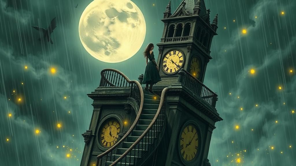 Woman in Victorian Gown Amid Moonlit Storm