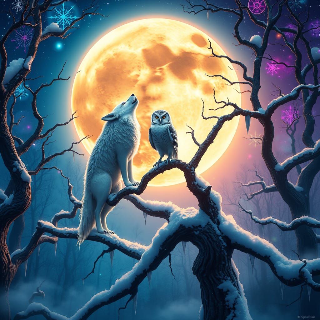 Majestic Albino Wolf and Owl Under Full Moon