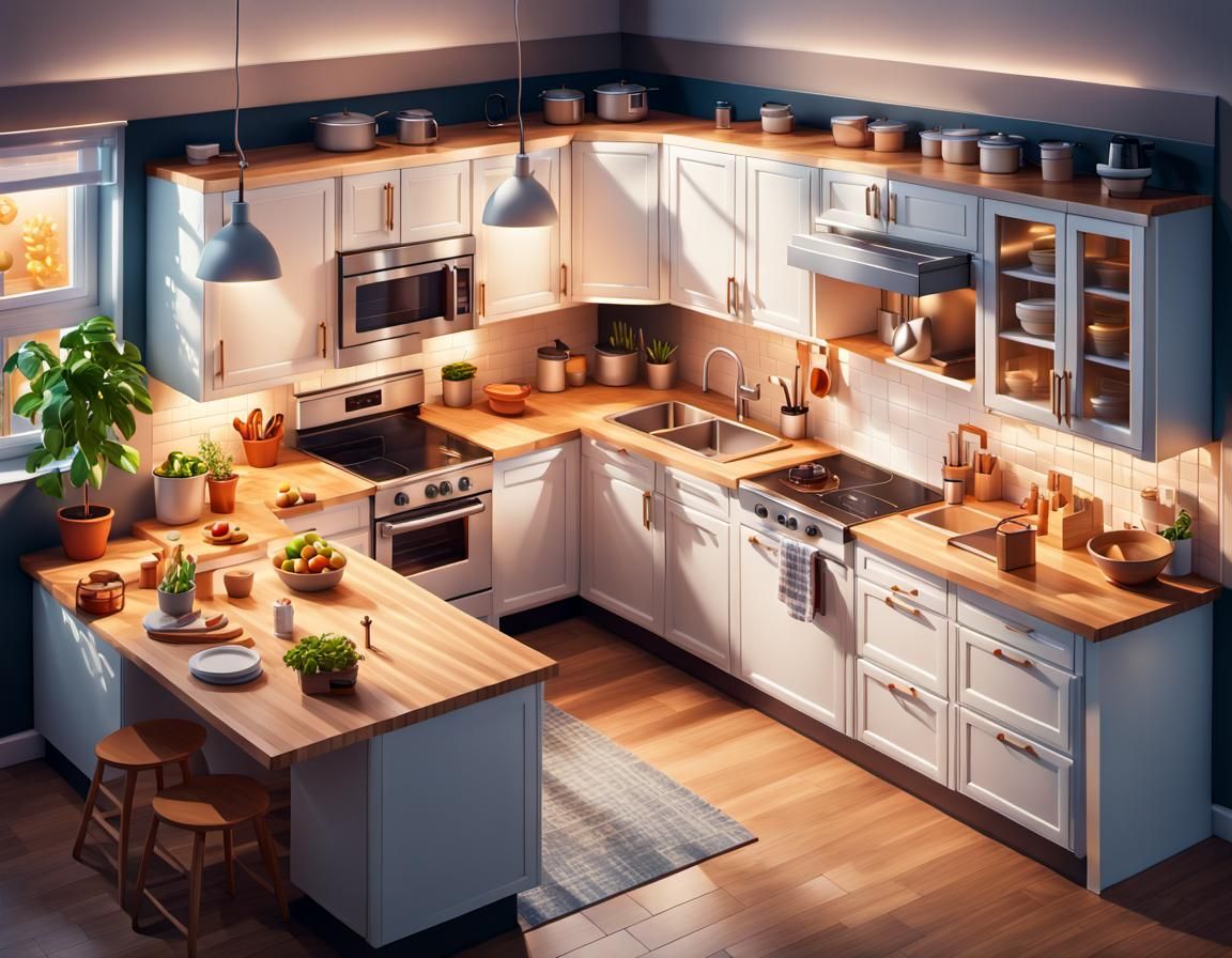 Detailed Isometric Pixel Art Kitchen with 3D Shading