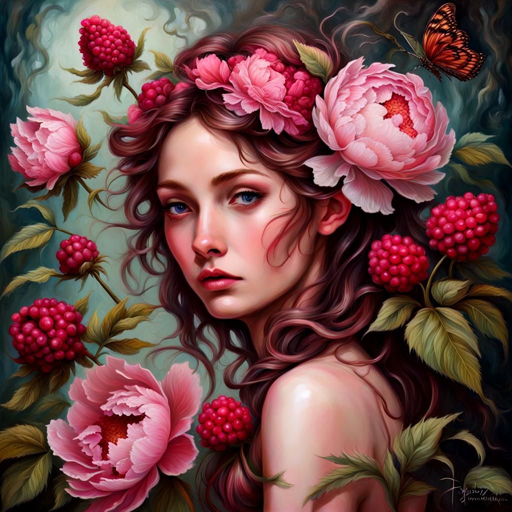 Fairy with Raspberries and Peonies in Impasto Oils