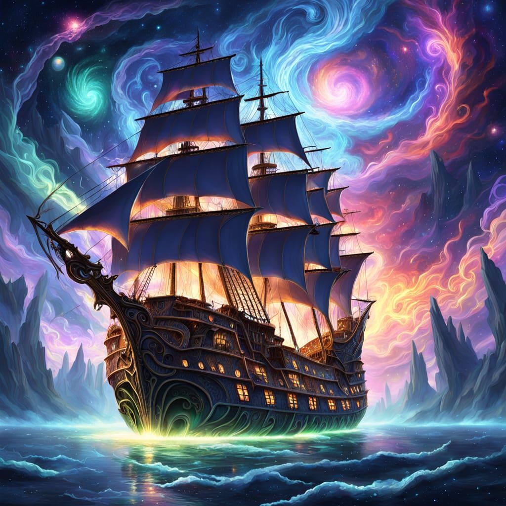 Spectral Galleon in Cosmic Stardust Nebula