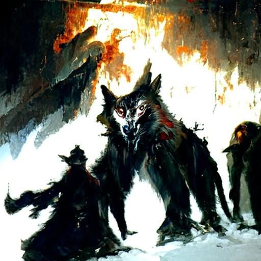 Sinister Werewolves in Hellfire Ritual: An Oil Painting