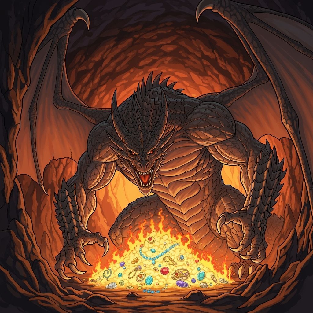 Monstrous Dragon Guards Treasure in Volcanic Cave