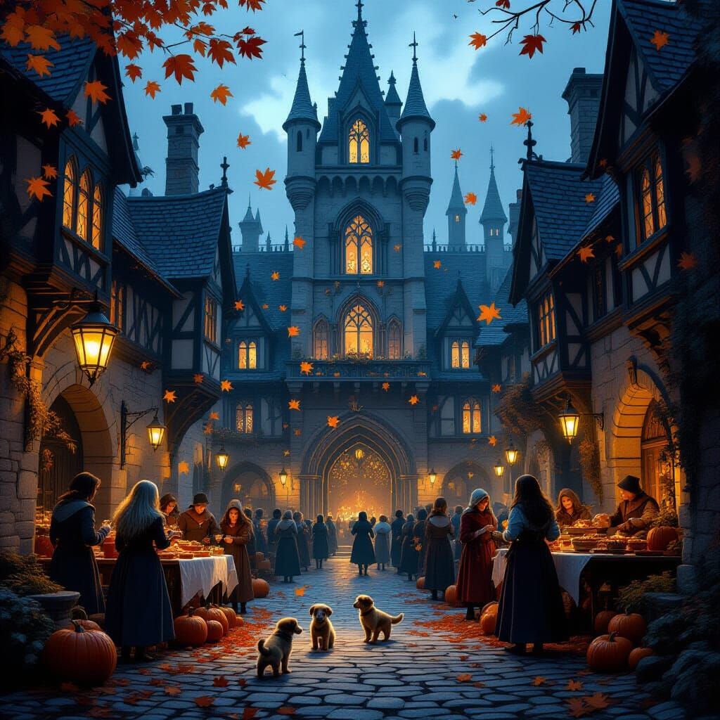 Gothic Castle Autumn Harvest Festival With Puppies