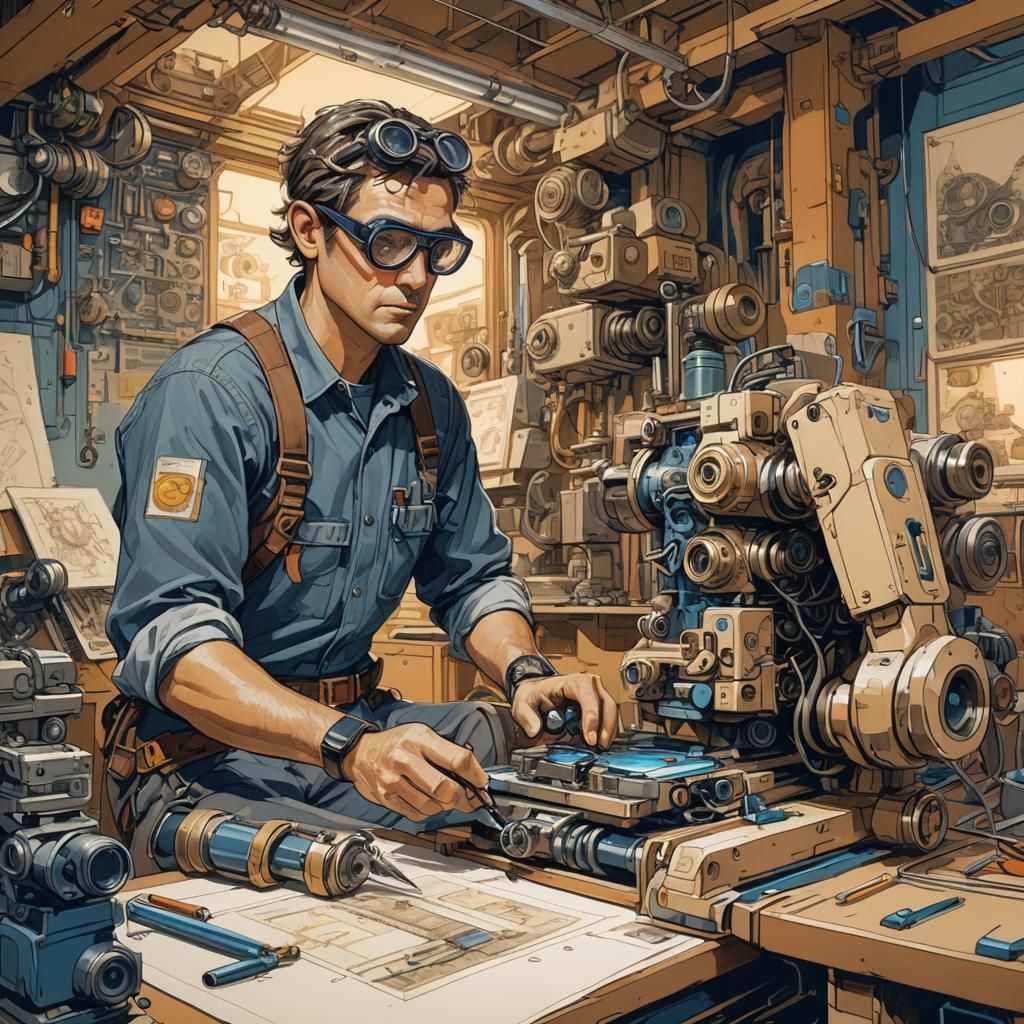 Mechanical Engineer in Workshop: Pencil and Ink Sketch