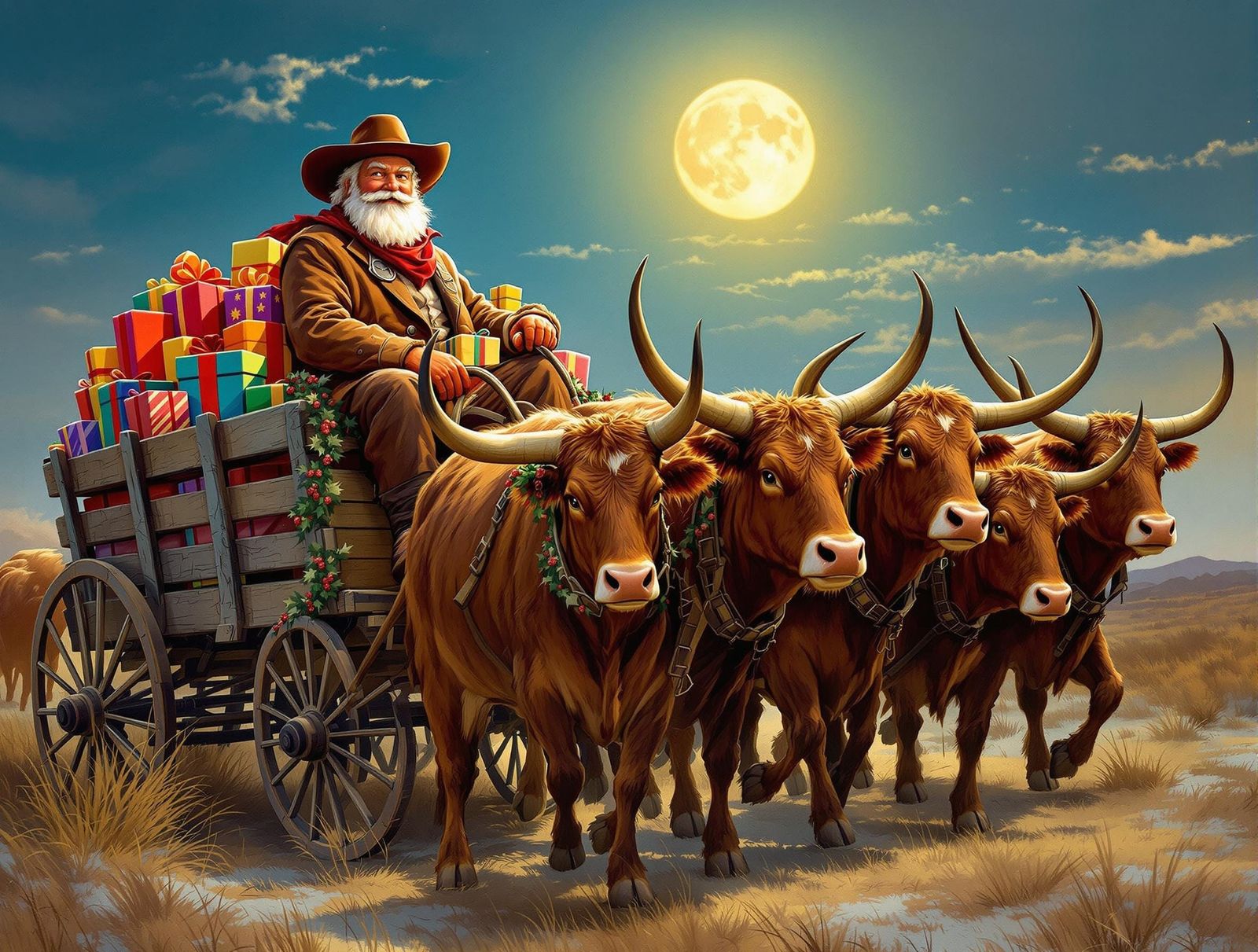 Rugged Santa Drives Longhorn Steers on Christmas Eve in Texa...