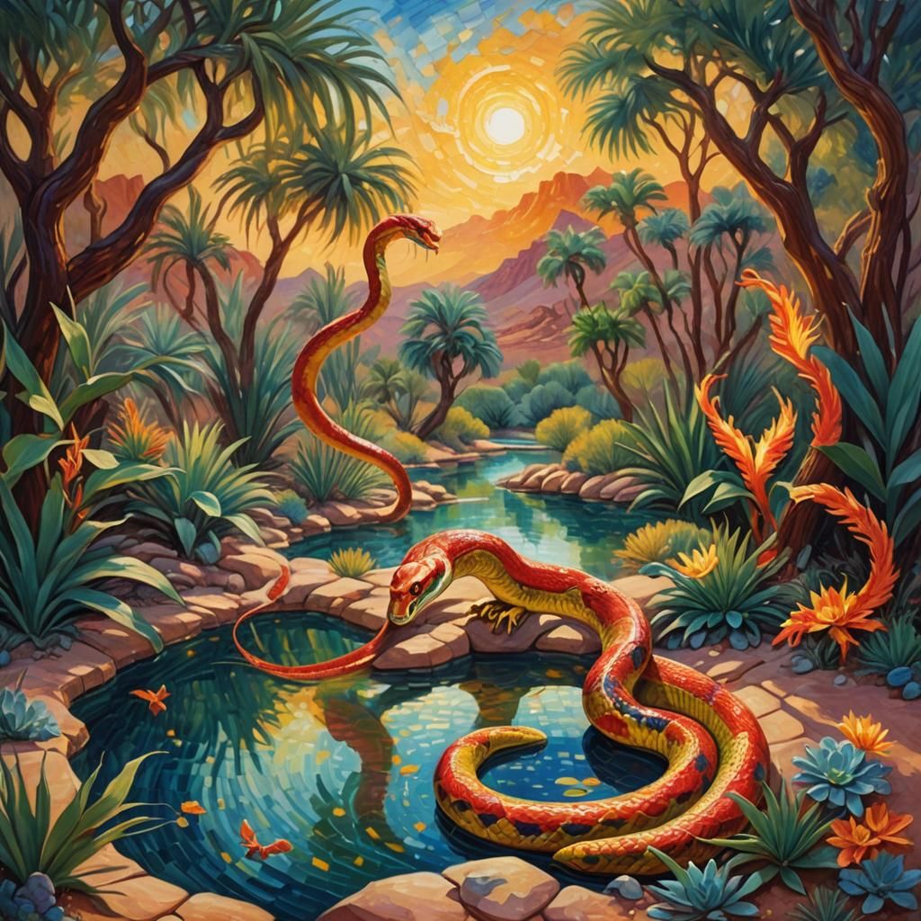Phoenix and Snake Rising in Desert Oasis as Impasto Painting
