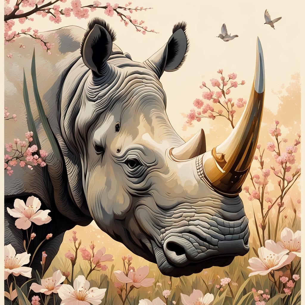 Rhino in Dreamlike Meadow: An Ukiyo-e Close-Up