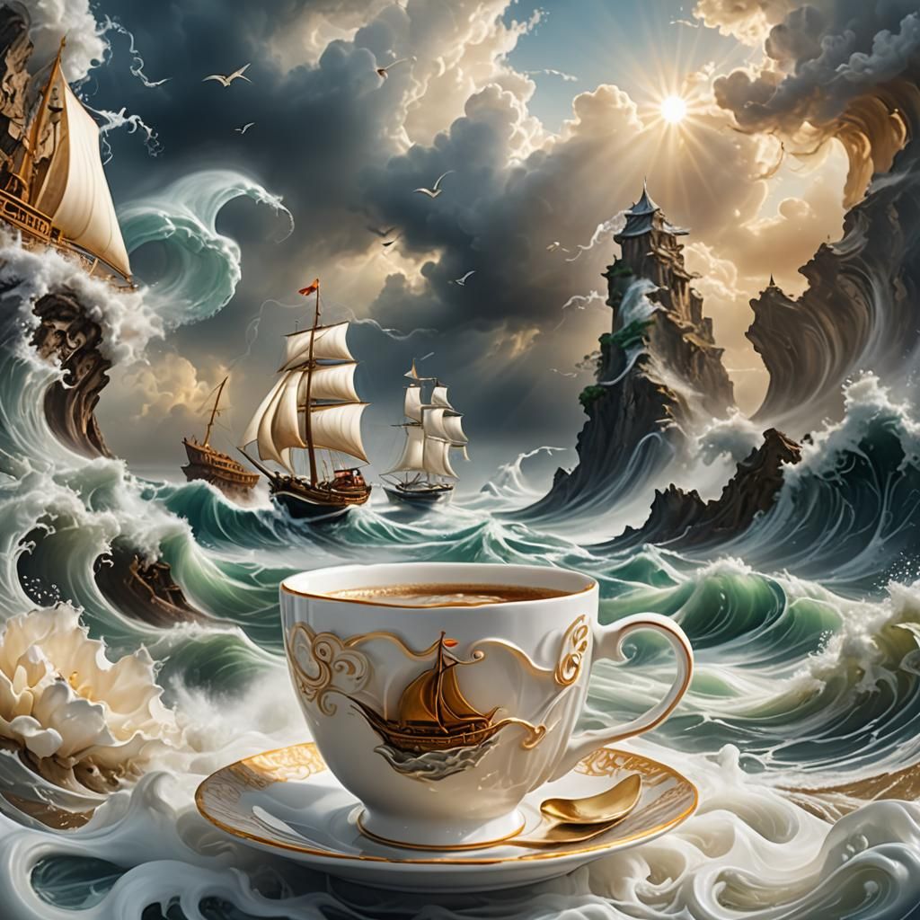 Dreamlike Sailboat in Coffee Cup: Surrealism